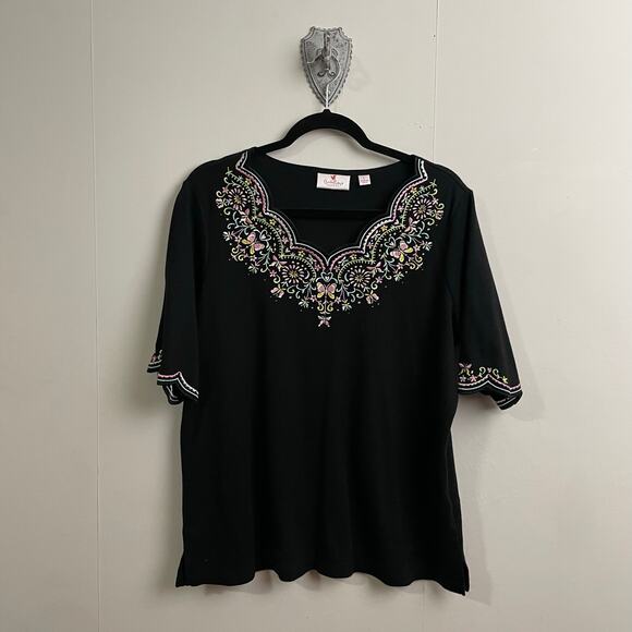 Quacker Factory L short sleeve blouse cottagecore butterfly floral boho goth - Picture 1 of 7